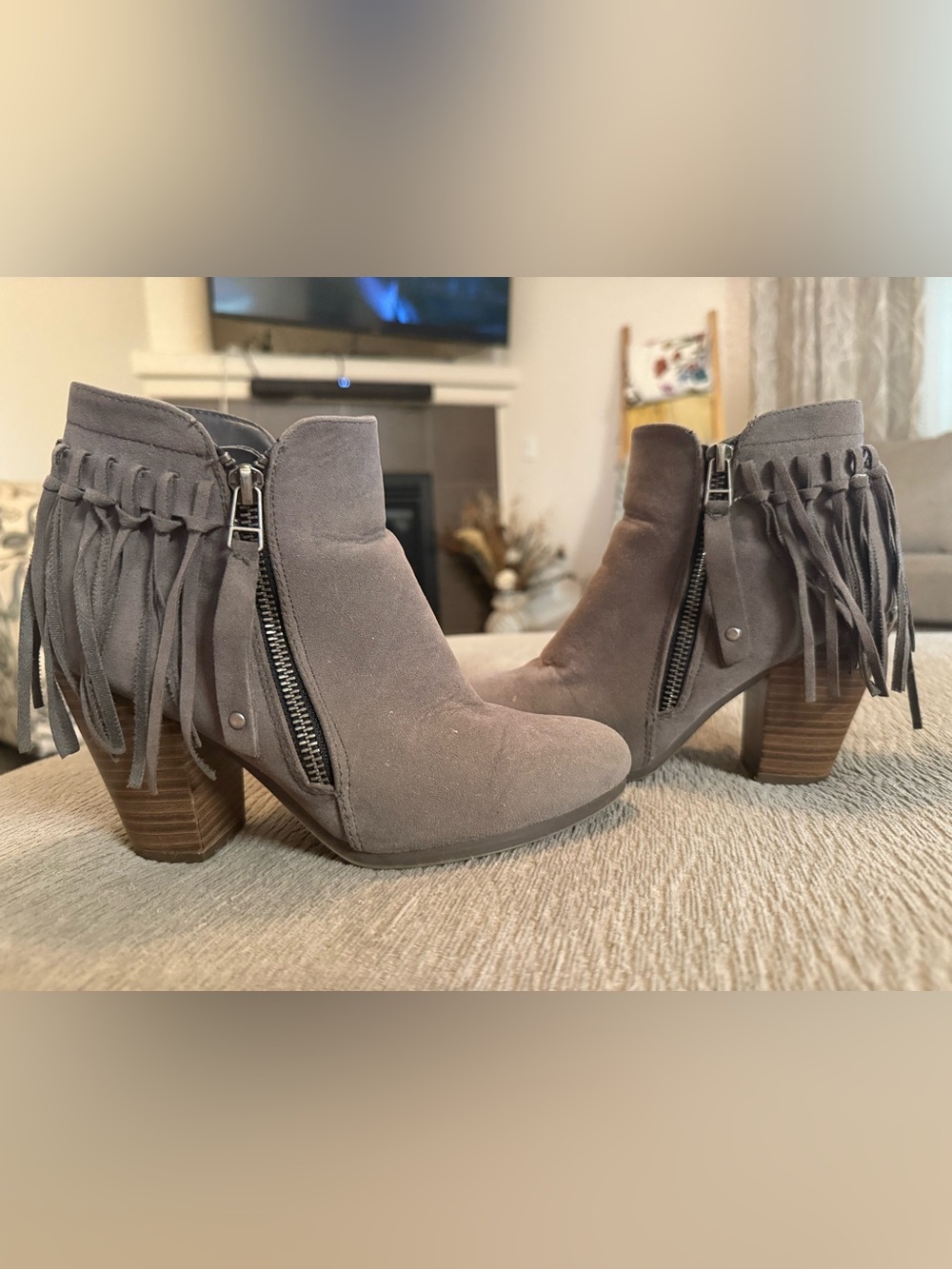 Breckelles Gray Suede Fringe Ankle Boots with Side Zipper